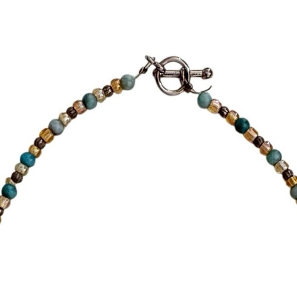 Boho Beaded Stone Donut Pendant Necklace Aqua Green Artisan Statement - Picture 4 of 6